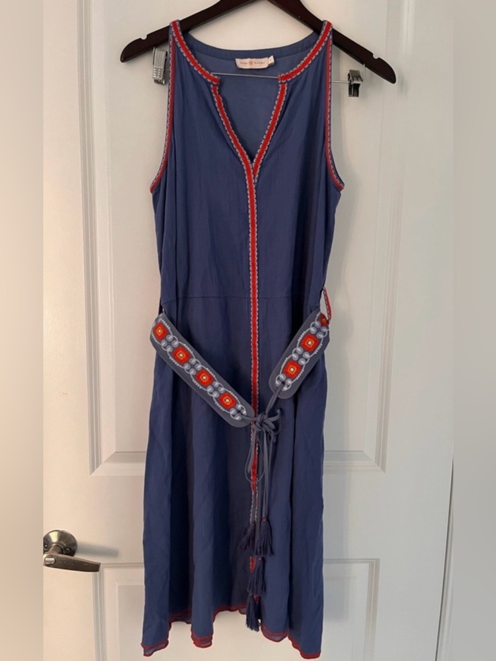 Tory Burch Cotton-Linen Blue Embroidered Tie Wait Dress - Picture 15 of 15